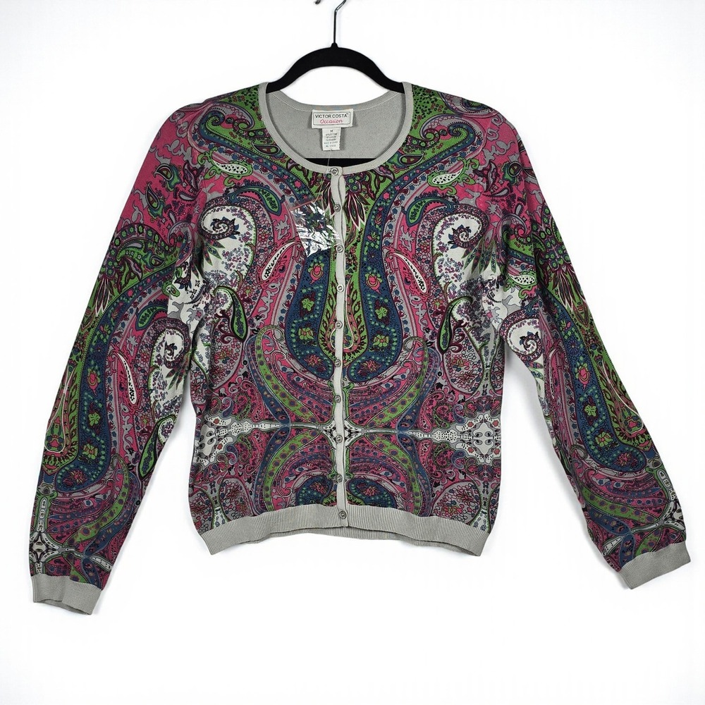 Victor Costa Occasion Cardigan Sweater Woman Medium Paisley Print Button‎ Front